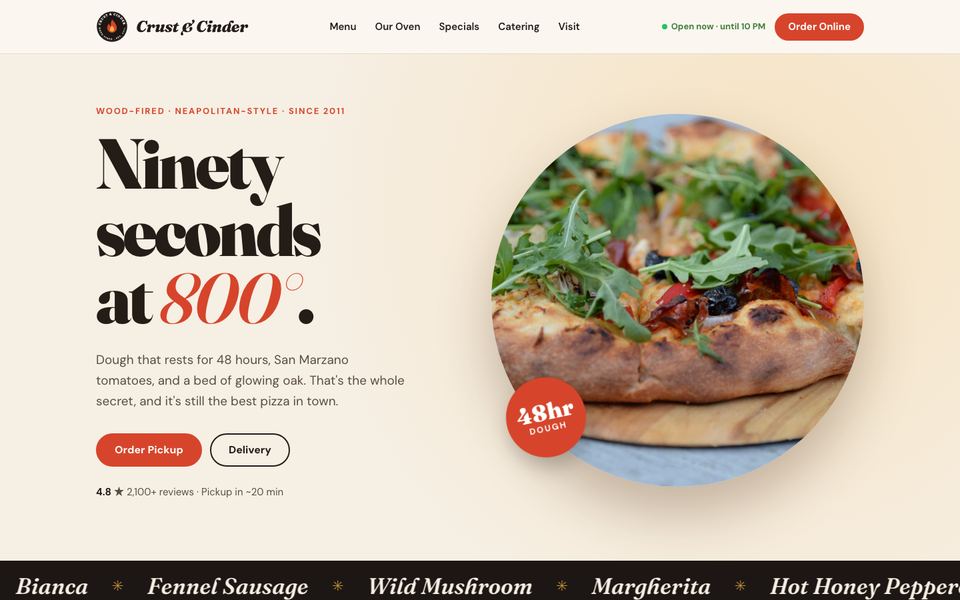 Crust and Cinder pizzeria demo site